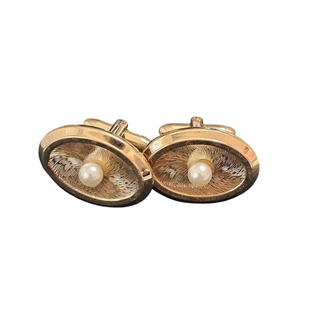 Hickok Mens Gold-Tone‎ & Faux Pearl Oval Cufflinks U.S.A. Made
